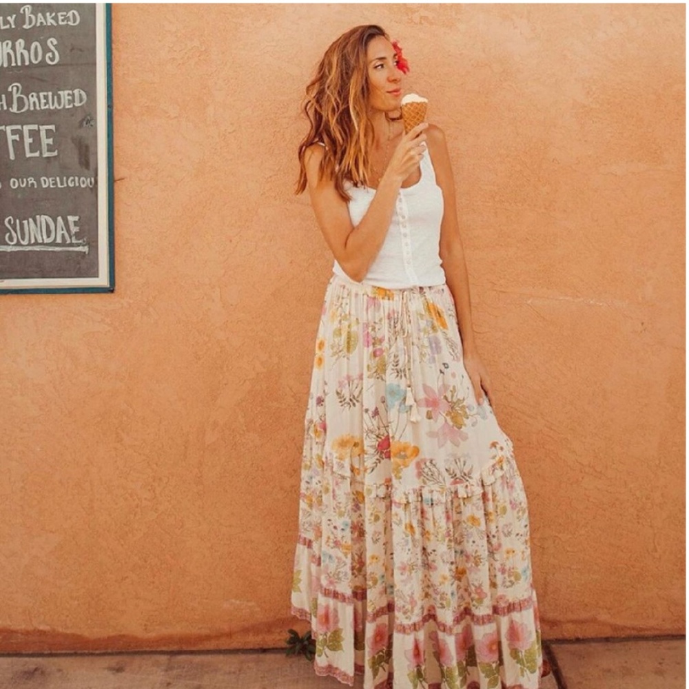 boho Pink floral print ruffle hem maxi skirt gypsy - Picture 3 of 9